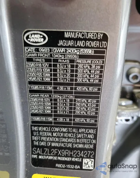 2024 Land Rover Range Rover Evoque Dynamic Se из США, поврежденный, VIN SALZL2FX9RH234272